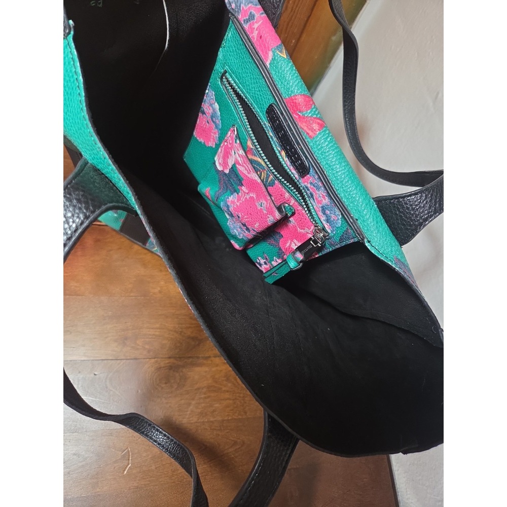 1990 Gold Steve Madden Floral Green Tote Purse Pink Flowers Shoulder Bag - Picture 6 of 6